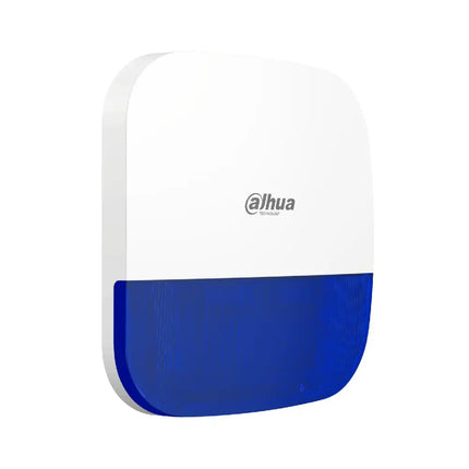 Dahua wireless outdoor security siren and strobe unit DHI-ARA13-W2 isolated on a white background.