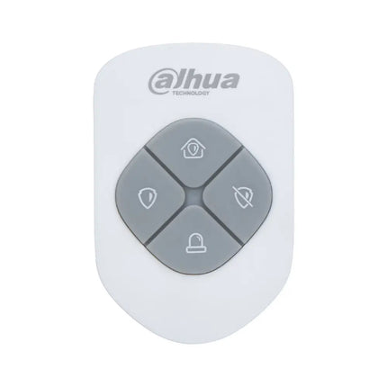 Dahua DHI-ARA24-W2 wireless alarm keyfob remote control in white featuring 4 buttons for Home, Away, Disarm, and SOS emergency alarm.