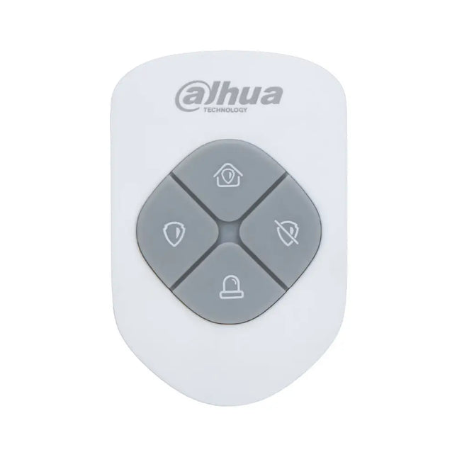 Dahua DHI-ARA24-W2 wireless alarm keyfob remote control in white featuring 4 buttons for Home, Away, Disarm, and SOS emergency alarm.
