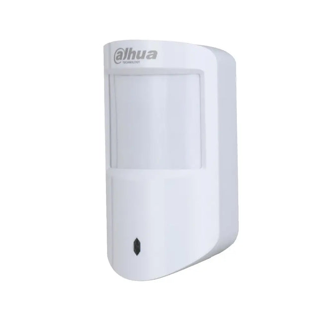 Front view of the white Dahua DHI-ARD1233-W2 wireless alarm sensor with a dual-element low-noise PIR lens.