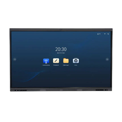 Front view of a 65-inch Dahua DeepHub 4K flat touchscreen whiteboard displaying an office presentation slide.