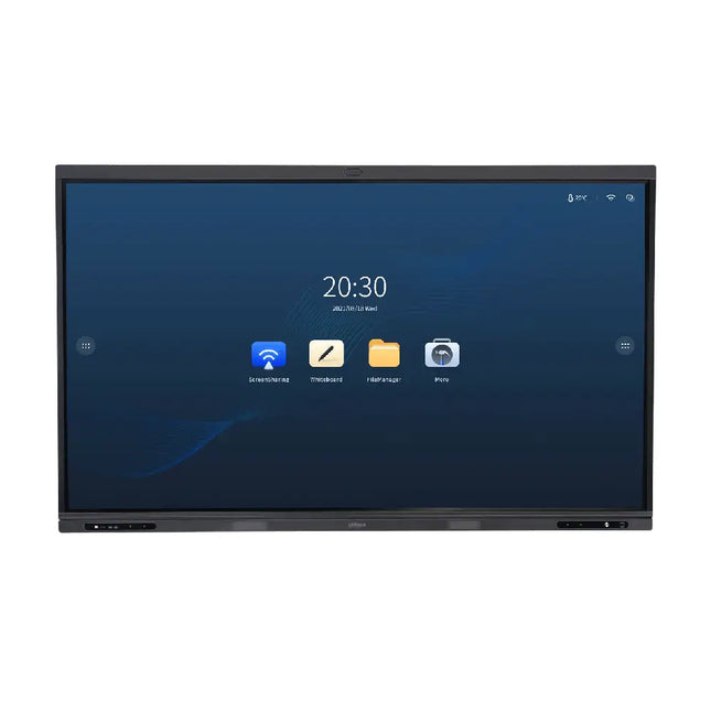 Front view of a 65-inch Dahua DeepHub 4K flat touchscreen whiteboard displaying an office presentation slide.