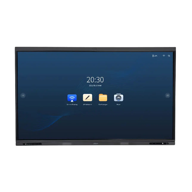 Front view of the large 86-inch Dahua DeepHub smart interactive whiteboard showing its sleek metal housing, anti-glare 4K display, and built-in top camera.