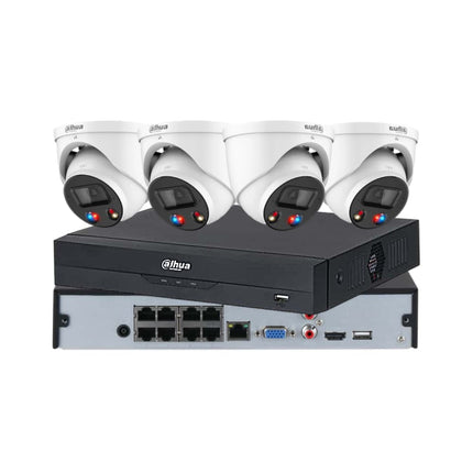 Dahua Dahua 4 x 8MP TiOC CCTV Kit with four cameras and a 4108 8 Channel AI NVR on a white background