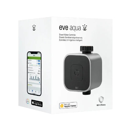 Compact Eve Aqua 10ECC8101 automatic smart hose timer showing its sleek dark gray body and physical activation button.