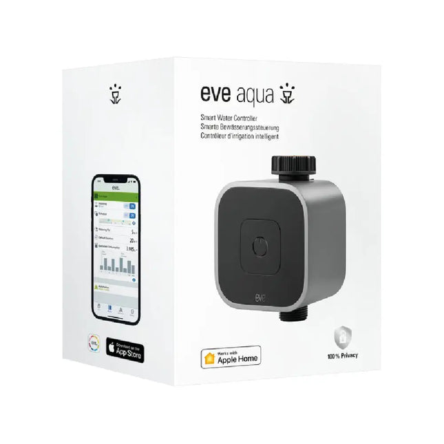 Compact Eve Aqua 10ECC8101 automatic smart hose timer showing its sleek dark gray body and physical activation button.