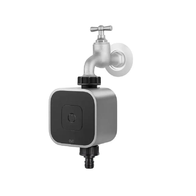 Eve Aqua smart water controller attached to an outdoor garden tap for automated sprinkler and irrigation control.