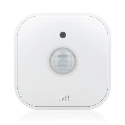 Front view of the white, compact Eve Motion smart sensor featuring Matter over Thread technology, an integrated light lux sensor, and wireless battery-powered design for smart home automation.  