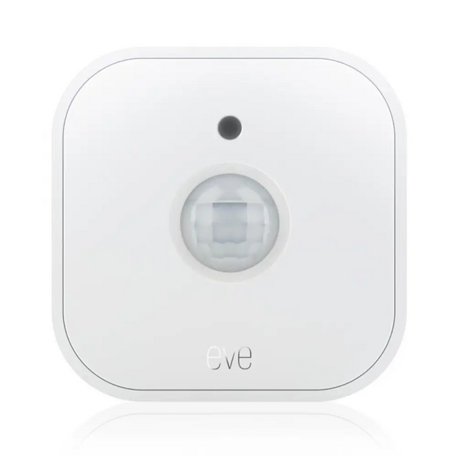 Front view of the white, compact Eve Motion smart sensor featuring Matter over Thread technology, an integrated light lux sensor, and wireless battery-powered design for smart home automation.  