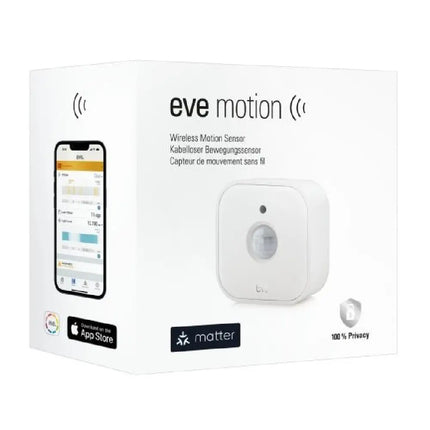 Minimalist, white square Eve Motion smart sensor (model 10EBY9951) showing its sleek aesthetic, designed for cross-platform local privacy and automations.