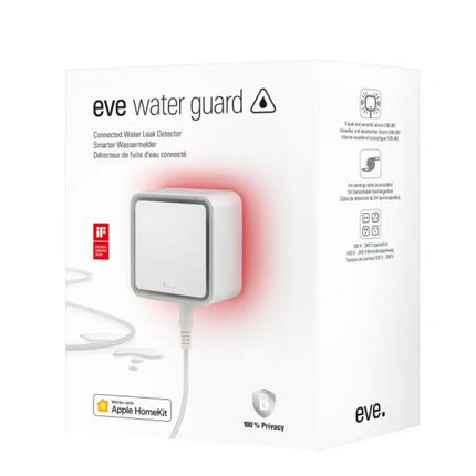 White square Eve Water Guard 1DEBZ8701 smart home device displaying a red flashing warning light and an extendable sensor cable