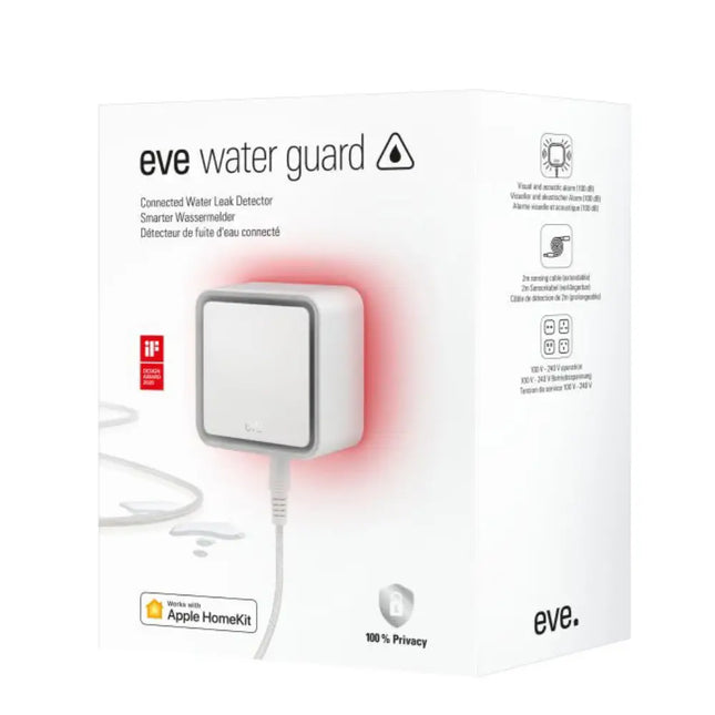 White square Eve Water Guard 1DEBZ8701 smart home device displaying a red flashing warning light and an extendable sensor cable