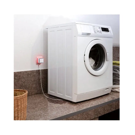 Eve Water Guard wireless smart environment sensor laid out to protect laundry rooms, cellars, and under-sink cabinets from flood damage.