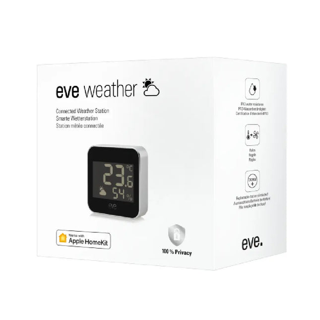 Compact Eve Weather 10EBS9901 smart climate sensor featuring an anodized aluminum body and IPX4 water resistance.