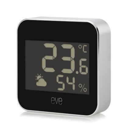 Eve Weather smart outdoor temperature and humidity monitor with an LCD screen displaying a 12-hour weather trend.  