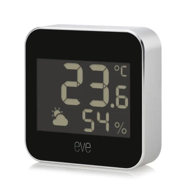 Eve Weather smart outdoor temperature and humidity monitor with an LCD screen displaying a 12-hour weather trend.  