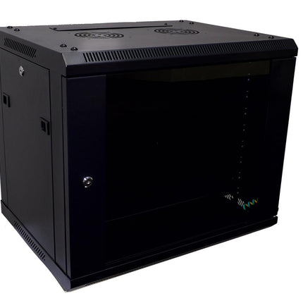 Global 19-inch Wall Mounted Rack With Swing Door 9RU With Tempered Glass Door Metal Powder Coated Black Up To 45KG 600W x 501H x 600D (MM)