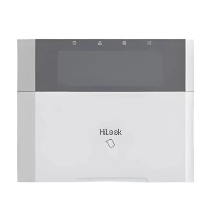 Front view of the HiLook HA-ALARM-KP-WB white wired hybrid alarm keypad featuring a backlit LCD screen, numeric keys, and dedicated emergency buttons.