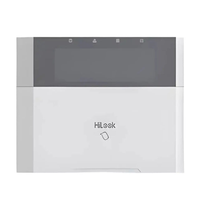 Front view of the HiLook HA-ALARM-KP-WB white wired hybrid alarm keypad featuring a backlit LCD screen, numeric keys, and dedicated emergency buttons.
