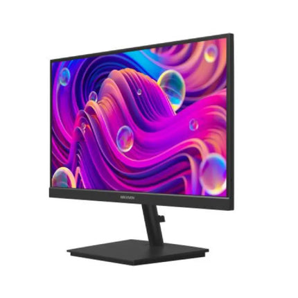 Angle view of the Hikvision 21.5-inch full HD monitor highlighting the rear 75x75mm VESA wall mounting profile and I/O ports