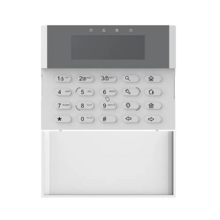 Hikvision DS-PK1-LRT-HWB hardwired security alarm LCD keypad with built-in RFID card reader and numeric buttons.