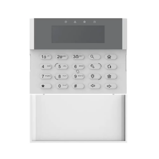 Hikvision DS-PK1-LRT-HWB hardwired security alarm LCD keypad with built-in RFID card reader and numeric buttons.