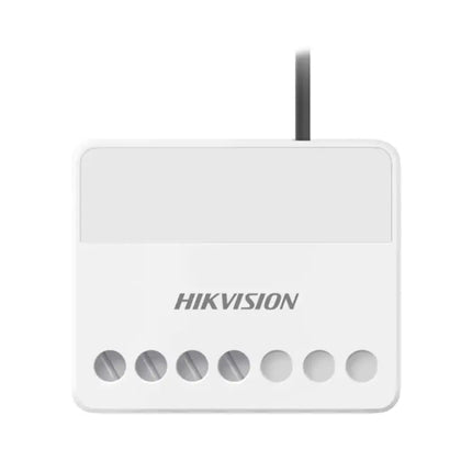 Hikvision AX PRO DS-PM1-O1H-WB wireless wall switch in a compact white plastic casing featuring status LED indicators.