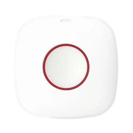 Square white Hikvision AX PRO DS-PDEB1-EG2-WB wall-mounted wireless panic button with a central red activation indicator.