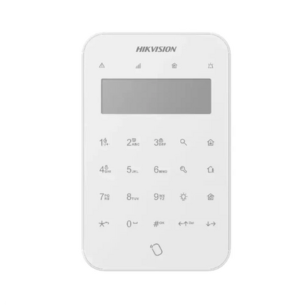 Hikvision AX PRO series white wireless LCD keypad with touch keys and a built-in RFID tag reader for home security alarm systems.