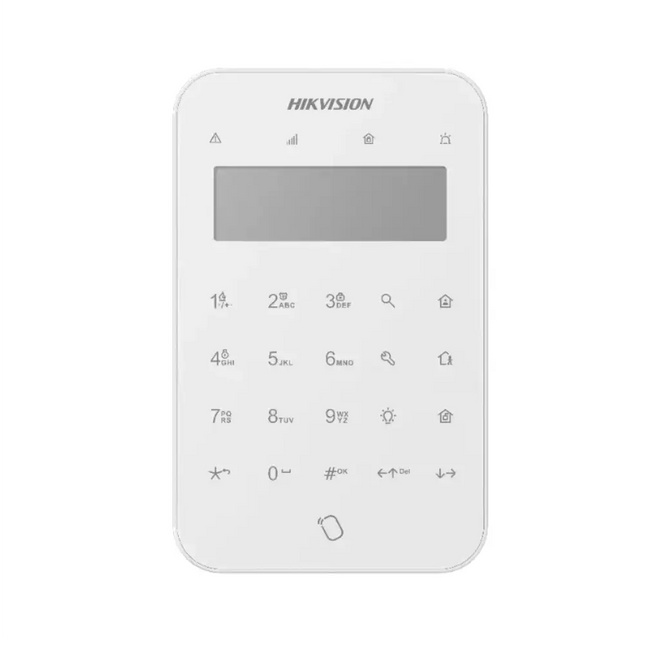 Hikvision AX PRO series white wireless LCD keypad with touch keys and a built-in RFID tag reader for home security alarm systems.