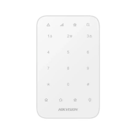 Front view of the white Hikvision AX PRO wireless LED keypad featuring a sleek touch interface, integrated security status indicator lights, and numeric touch buttons for residential alarm control.