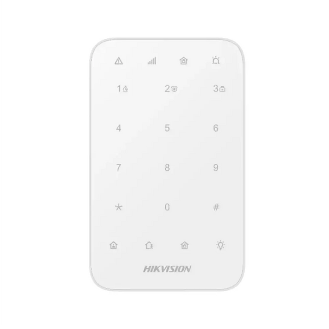Front view of the white Hikvision AX PRO wireless LED keypad featuring a sleek touch interface, integrated security status indicator lights, and numeric touch buttons for residential alarm control.