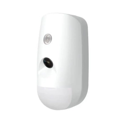 Front view of the white Hikvision indoor wireless PIRCAM detector displaying the built-in camera lens and polarizing IR lens window used to send real-time video verification to mobile devices.