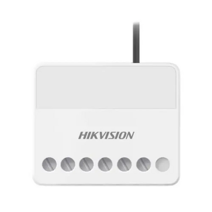 Hikvision AX PRO DS-PM1-O1L-WB wireless low-voltage relay module in white, showcasing its compact design for hidden installation.