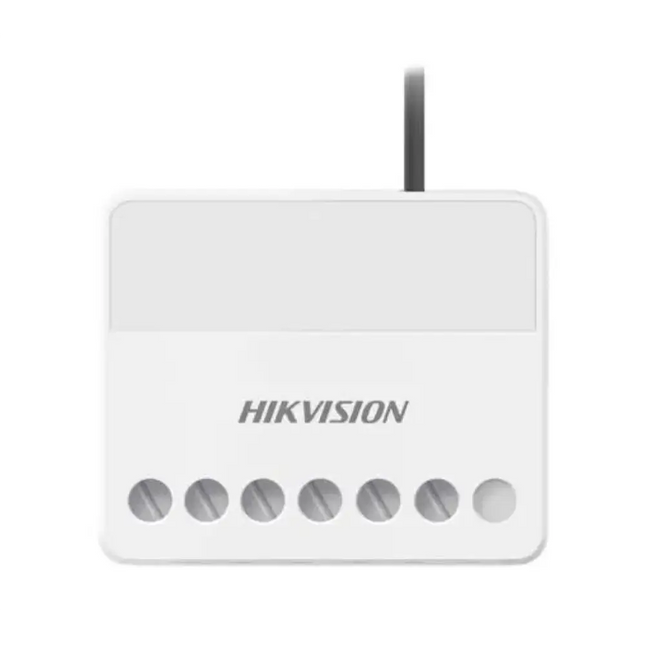 Hikvision AX PRO DS-PM1-O1L-WB wireless low-voltage relay module in white, showcasing its compact design for hidden installation.