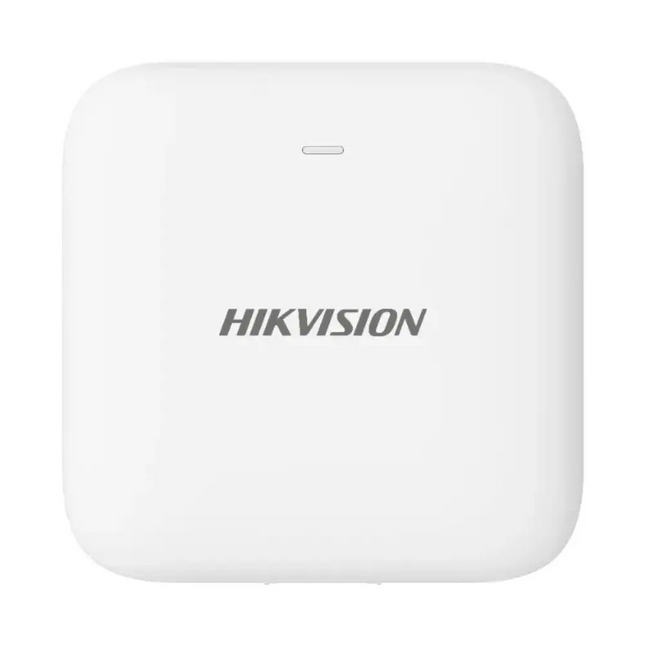 Hikvision AX PRO wireless water leak detector with external probe showing its IP66 waterproof design.