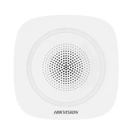 Hikvision DS-PS1-I-WB AX Pro wireless indoor security sounder siren with configurable 110dB output and LED strobe indicators.