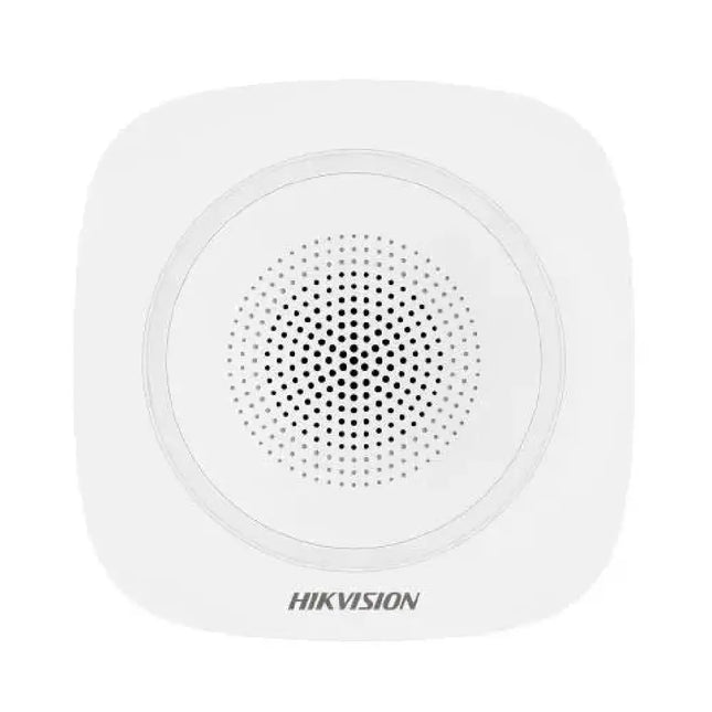 Hikvision DS-PS1-I-WB AX Pro wireless indoor security sounder siren with configurable 110dB output and LED strobe indicators.