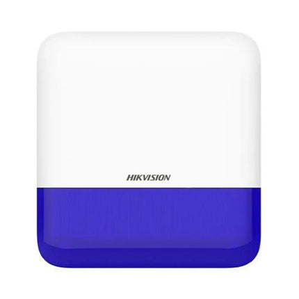 Hikvision DS-PS1-E-WB AX Pro wireless outdoor external siren sounder with 110dB alarm and blue LED strobe.