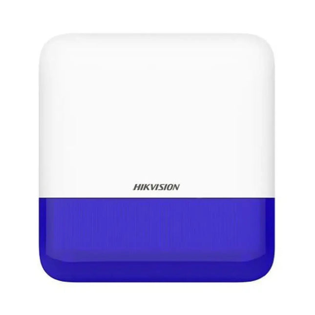 Hikvision DS-PS1-E-WB AX Pro wireless outdoor external siren sounder with 110dB alarm and blue LED strobe.