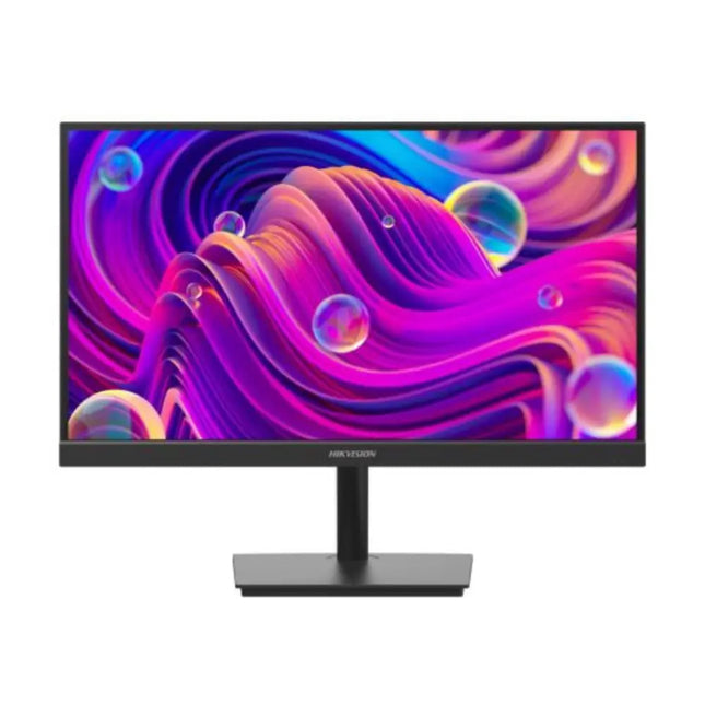 Front view of the black 21.5-inch Hikvision DS-D5022F2-1V2S monitor featuring a three-sided ultra-thin bezel design.  
