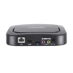 Front view of the square Hikvision DS-D60C-B digital signage media player box in matte black.