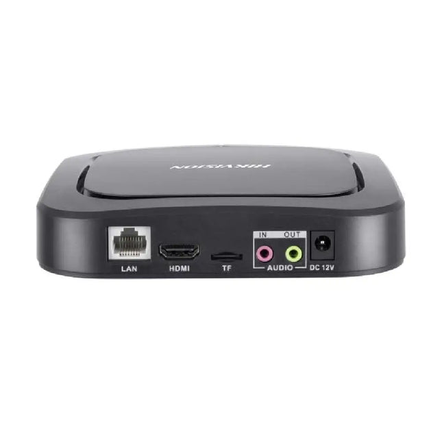 Front view of the square Hikvision DS-D60C-B digital signage media player box in matte black.