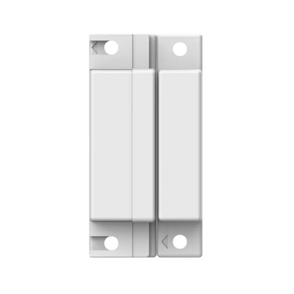Hikvision DS-PD1-MC-WS surface mount wired magnetic contact sensor for AX Hybrid Pro alarm systems, designed in a white plastic shell for wooden door installation.