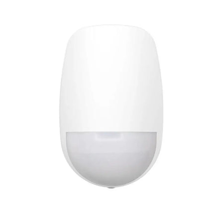 White Hikvision AX Hybrid Pro wired indoor security sensor utilizing combined PIR and 24GHz microwave dual-technology with a 12m detection range, 52 zones, and 30kg pet immunity.
