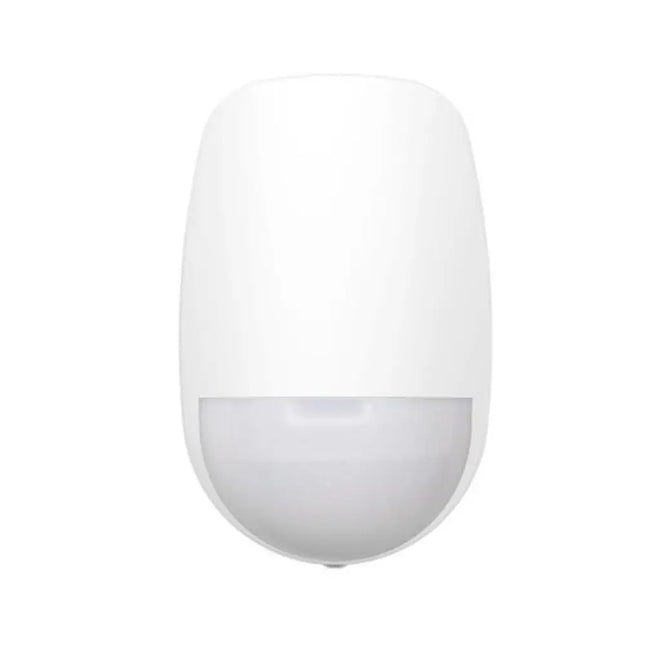 White Hikvision AX Hybrid Pro wired indoor security sensor utilizing combined PIR and 24GHz microwave dual-technology with a 12m detection range, 52 zones, and 30kg pet immunity.