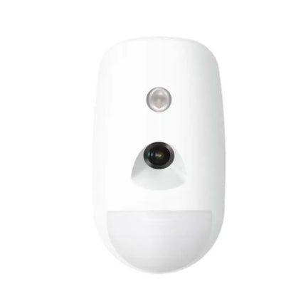 Hikvision AX PRO two-way wireless PIRCAM detector featuring a 12m PIR motion sensor, 30kg pet immunity, and an integrated infrared camera for instant JPEG snapshot alarm verification over CAM-X wireless technology.