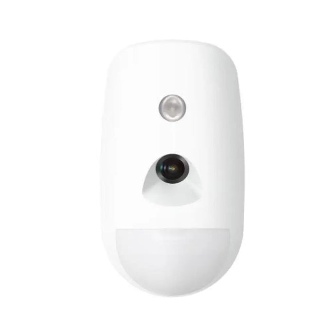 Hikvision AX PRO two-way wireless PIRCAM detector featuring a 12m PIR motion sensor, 30kg pet immunity, and an integrated infrared camera for instant JPEG snapshot alarm verification over CAM-X wireless technology.