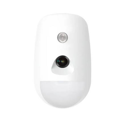 Hikvision AX PRO two-way wireless PIRCAM detector featuring a 12m PIR motion sensor, 30kg pet immunity, and integrated ColorVu white light fill for 24/7 full-color video alarm verification.