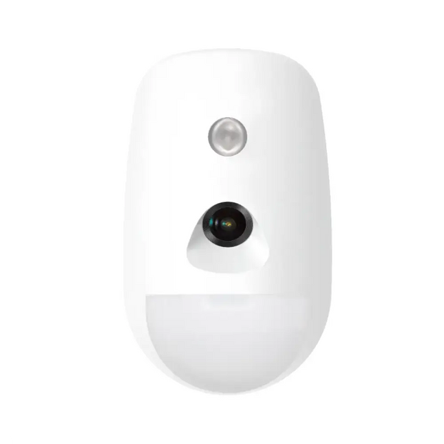 Hikvision AX PRO two-way wireless PIRCAM detector featuring a 12m PIR motion sensor, 30kg pet immunity, and integrated ColorVu white light fill for 24/7 full-color video alarm verification.
